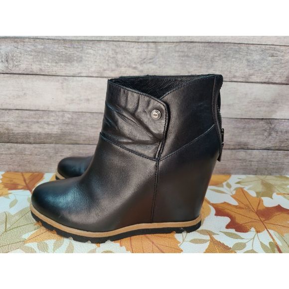 UGG Shoes - UGG Australia Amal Black Leather Sheepskin 3" Wedge Ankle Boots